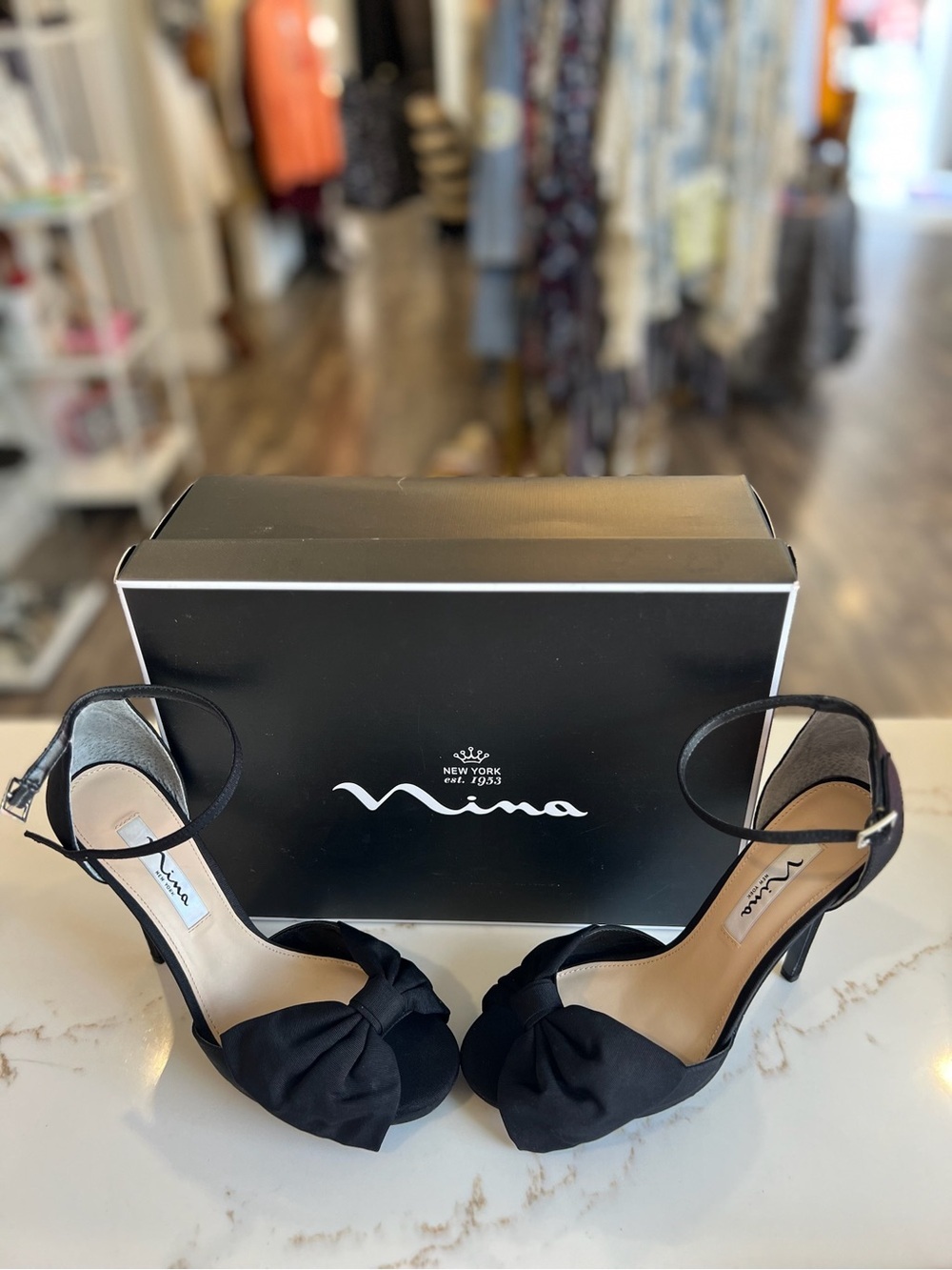 Nina Black Ankle-Strap Open-Toe Heels with Bow Accent